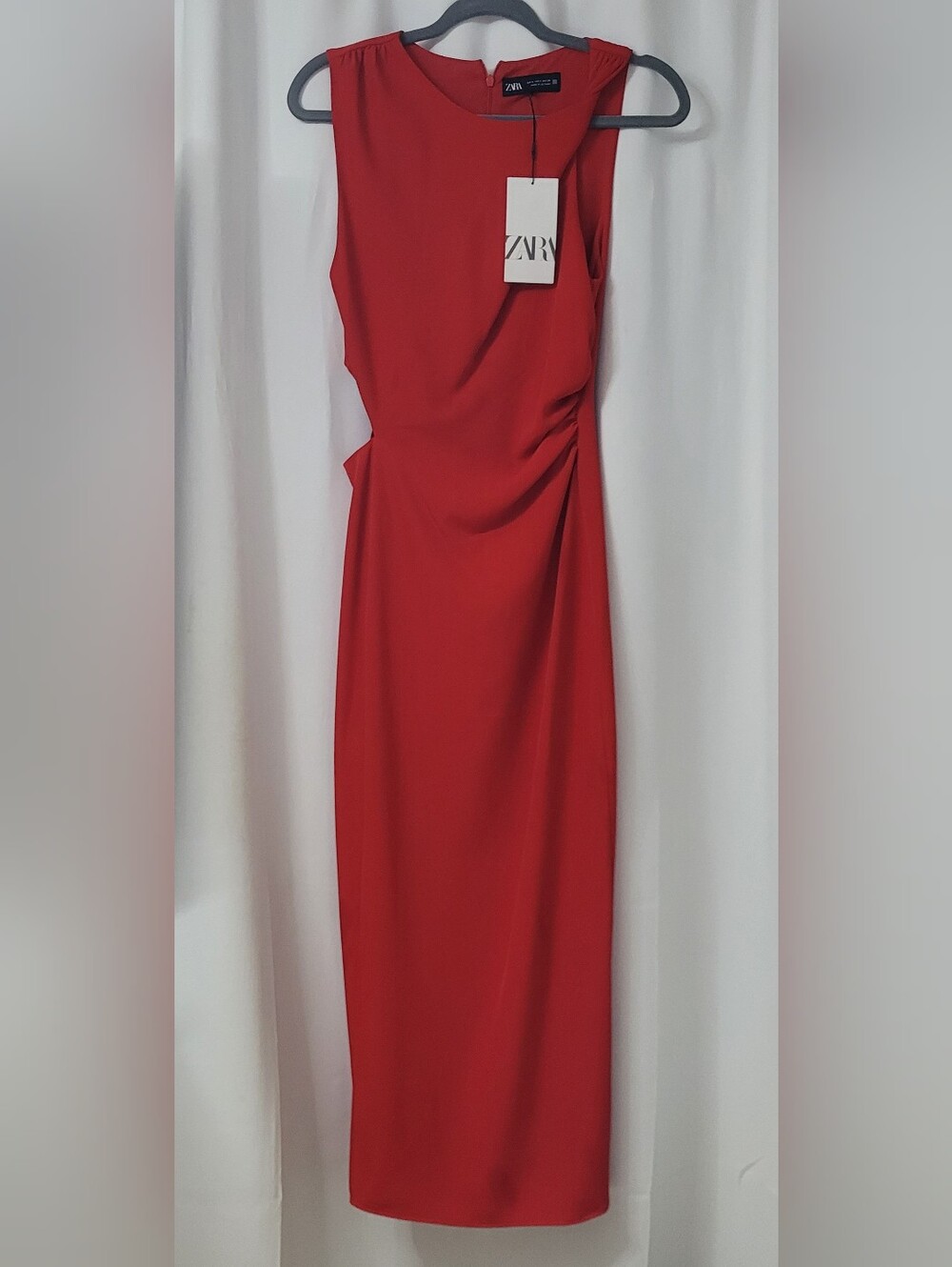 NWT Zara Red Cut Out Ruche Midi Dress - Sleeveless Bodycon
